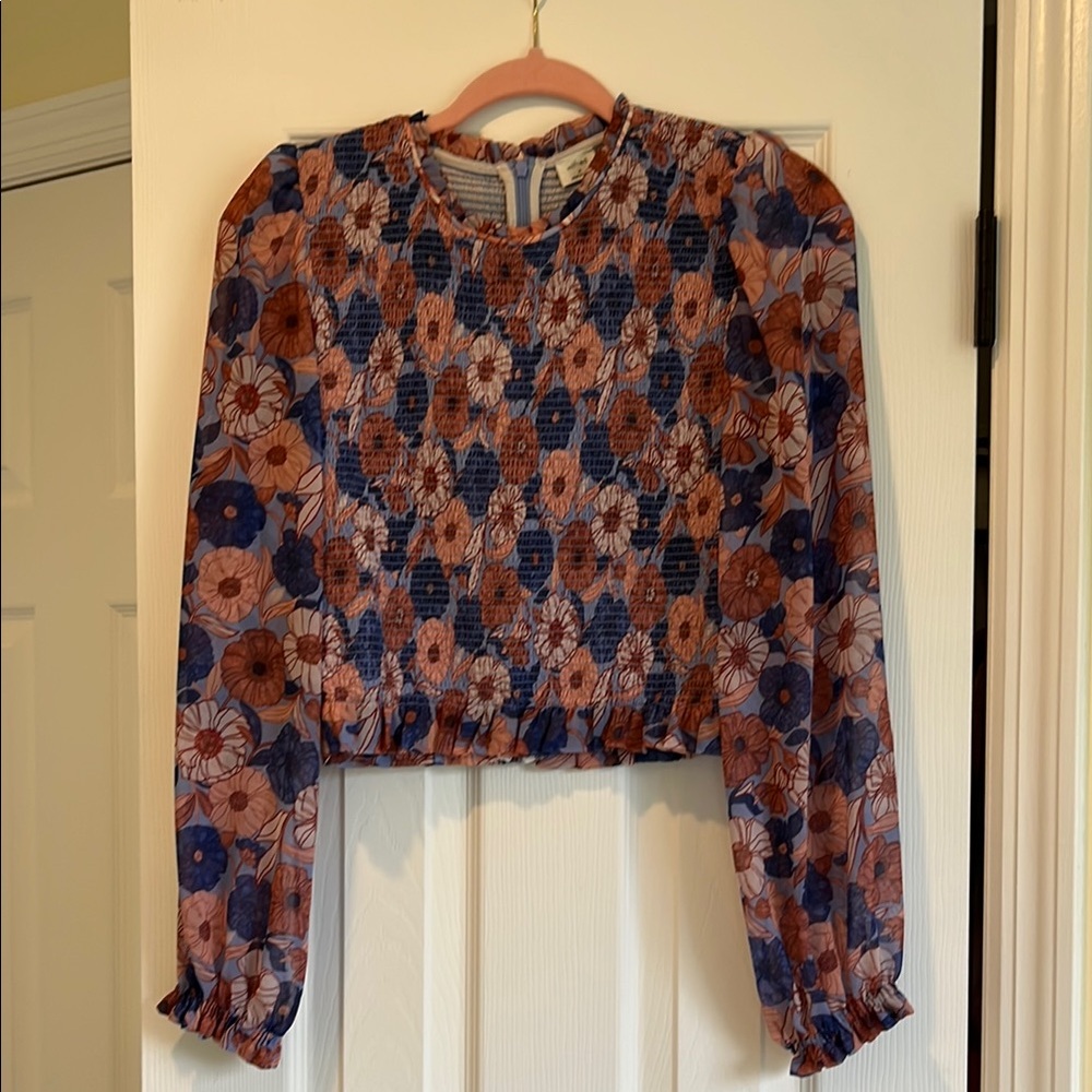 Aritzia Wilfred Blue and Orange Sheer Sleeve Crop Blouse